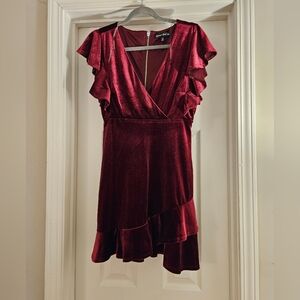 Velvet Burgundy Dress with Ruffle Sleeves